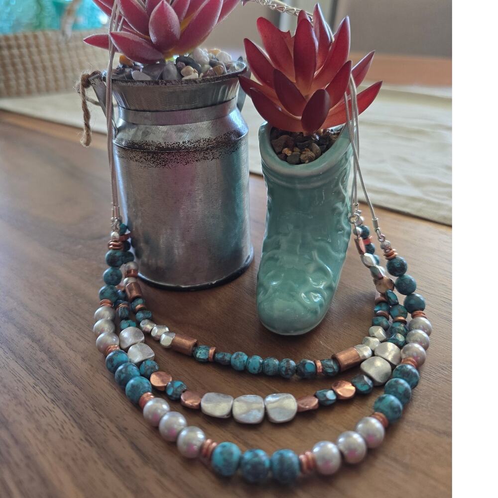 Silver Tone Beaded Necklace 3 Strand Multi Color Beads Necklace